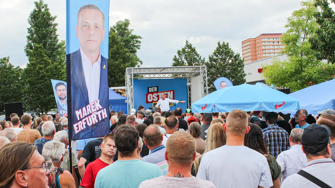 Wiec wyborczy AfD w Erfurcie. 21 sierpnia 2024 r. // Fot. Łukasz Grajewski