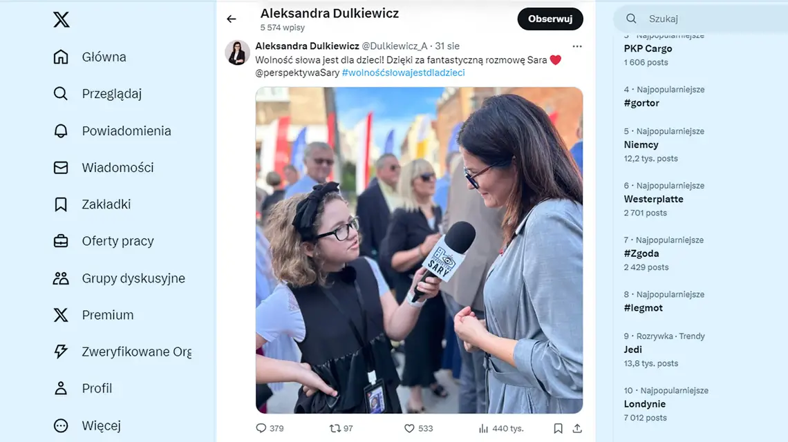 Zrzut ekranu z konta prezydent Gdańska Aleksandry Dulkiewicz na platformie X (Twitter) 