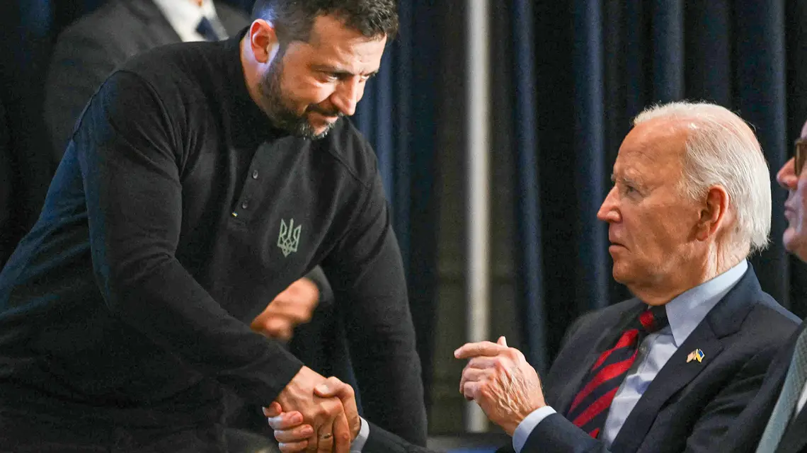 Wołodymyr Zełenski z Joe Bidenem podczas sesji Zgromadzenia Ogólnego ONZ w Nowym Jorku, 25 września 2024 r. // Fot. Andrew Caballero-Reynolds / AFP / East News
