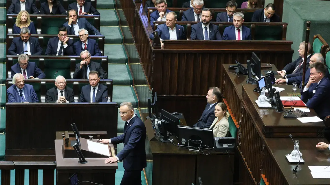 Orędzie prezydenta Andrzeja Dudy w zwiazku z rocznicą wyborów parlamentarnych z 2023 r. Posiedzenie Sejmu X kadencji, 16 października 2024 r. // Fot. Paweł Wodzyński / East News