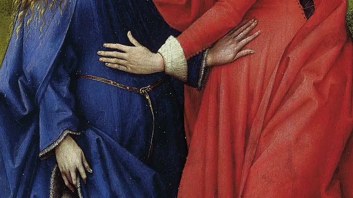 Fragment obrazu Nawiedzenie, autorstwa Rogiera van der Weydena, przedstawiający sptkanie dwóch ciężarnych kobiet, Maryi i Elżbiety. Z kolekcji Muzeum Sztuk Pięknych w Lipsku. / Domena publiczna