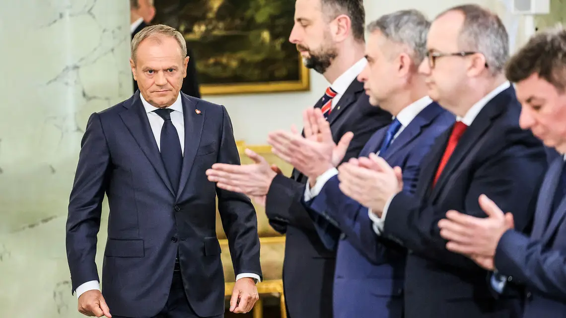 Donald Tusk, Władysław Kosiniak-Kamysz, Krzysztof Gawkowski, Adam Bodnar i Jan Grabiec podczas zaprzysiężenia nowych członków rządu przez prezydenta Andrzeja Dudę, Warszawa, maj 2024 r. // Fot. Wojciech Olkuśnik / East News