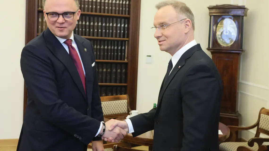  Marszałek Sejmu Szymon Hołownia i prezydent Andrzej Duda, 7 marca 2025 / Wojciech Olkusnik/East News