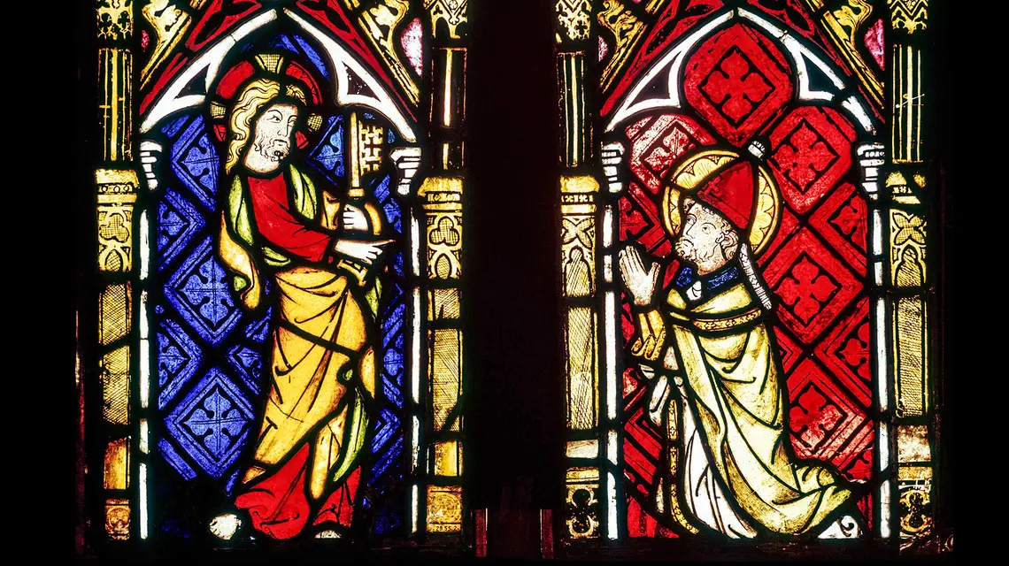 „Chrystus przekazujący klucze św. Piotrowi" /fragment/. Witraż, ok. 1315–20, Kolonia, Niemcy. // Rogers Fund, 1929 / The Metropolitan Museum of Art / domena publiczna