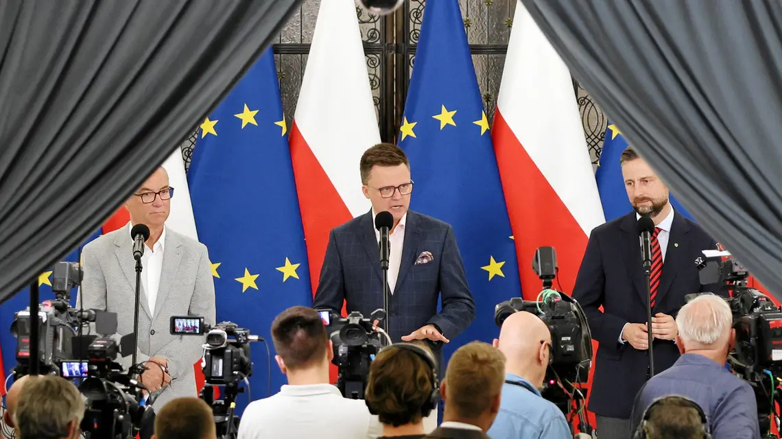 Konferencja prasowa koalicjantów. Włodzimierz Czarzasty, Szymon Hołownia i Władysław Kosiniak-Kamysz w Sejmie. Warszawa, 5 czerwca 2025 r. // Fot. Sławomir Kamiński / Agencja Wyborcza.pl