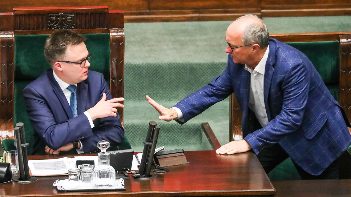 Marszałek Sejmu Szymon Hołownia, wicemarszałek Sejmu Włodzimierz Czarzasty, drugi dzień pierwszego posiedzenia Sejmu X kadencji. Warszawa, 14 listopada 2023 r. // Fot. Sławomir Kamiński / Agencja Wyborcza.pl 