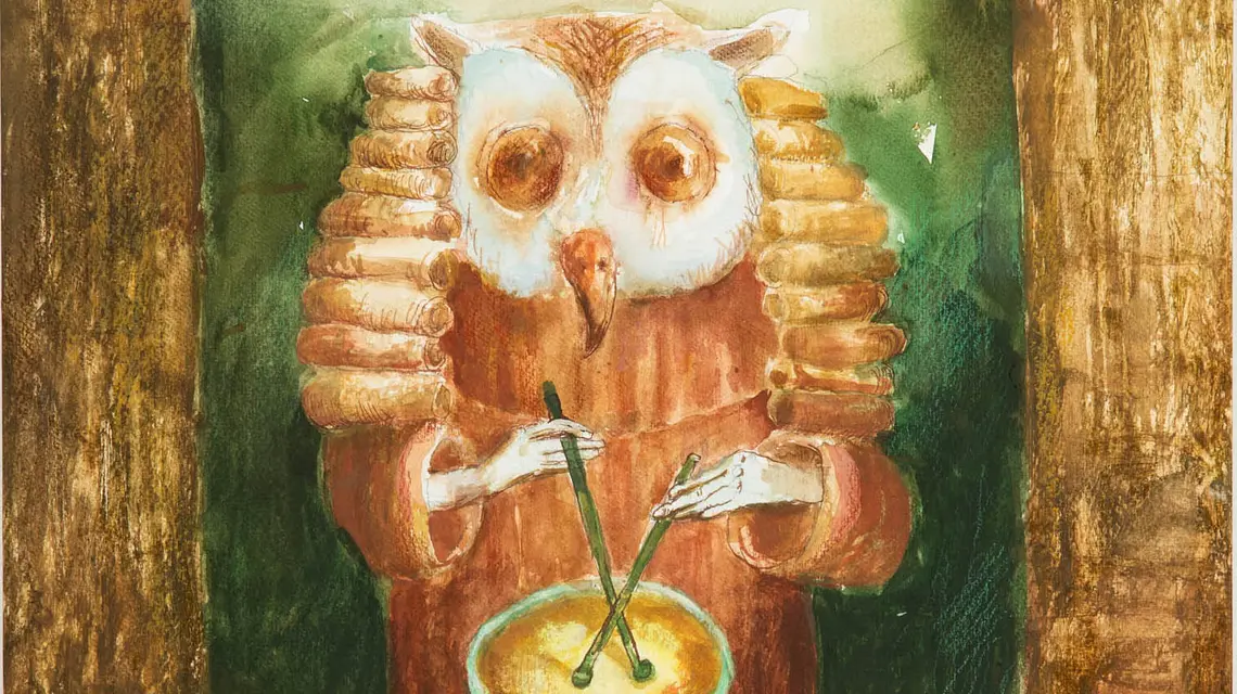 Barbara Ziembicka, „Sowa” (fragment) - cykl Bestiariusz albo sceny z życia zwierząt, 2025 akwarela 38 × 33 cm // materiały prasowe wystawy „Owocowanie", Nowohuckie Centrum Kultury