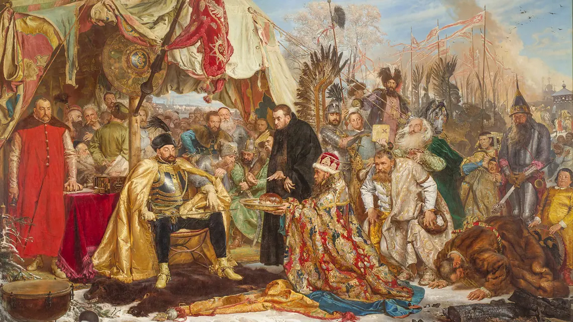 Jan Matejko „Stefan Batory pod Pskowem”, 1872 r. Malarz przedstawił tu raczej treść ideologiczną niż prawdę historyczną, np. rozejmu nie podpisano pod murami Pskowa, tylko w Jamie Zapolskim, a Batorego (przed którym klęczy władyka Cyprian z Połocka) nie było wtedy w obozie. W centrum stoi legat papieski Antonio Possevino, na lewo od niego siedzą Janusz Zbaraski i Michał Haraburda, kierujący delegacją królewską w negocjacjach pokojowych // Zamek Królewski w Warszawie – Muzeum, fot. A. Ring, L. Sandzewicz