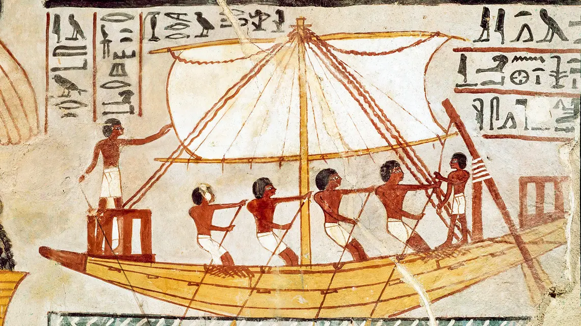 Łódź na Nilu, malowidło naścienne z czasów 18. dynastii (ok. 1567-1320 p.n.e.). Egipt, Teby, grobowiec Seenefera // Leemage / UIG / BE&W