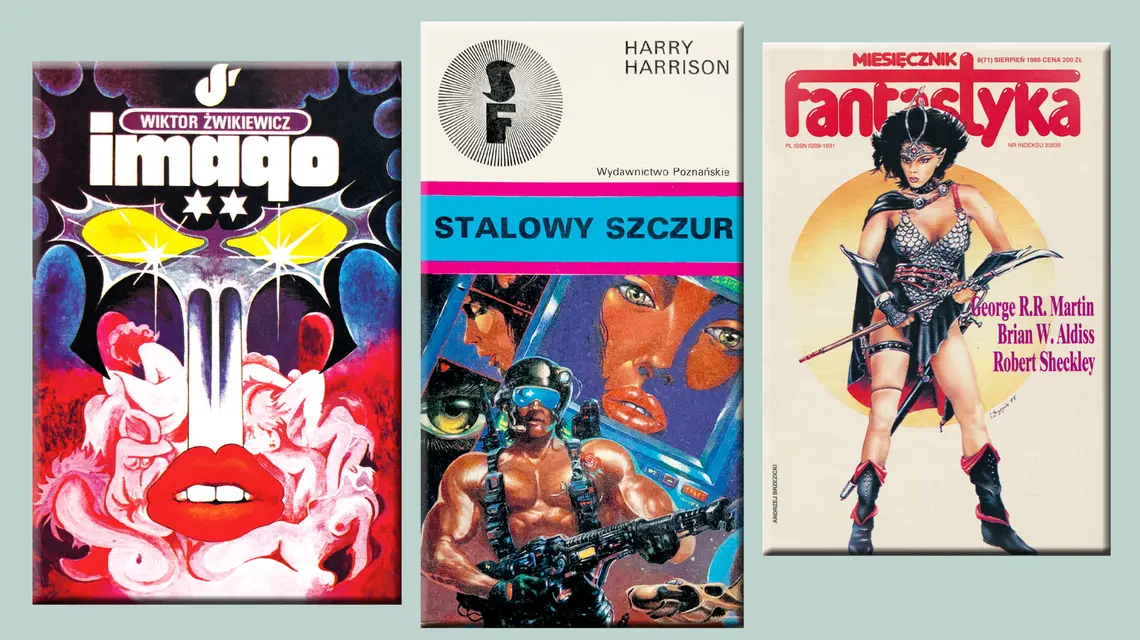 Ilustracje na okładki książek S-F i „Fantastyki", lata 80. ub.w. Od lewej: Wiktor Żwikiewicz, Piotr Łukaszewski, Andrzej Brzezicki // Dzięki uprzejmości wydawnictwa Wydałem