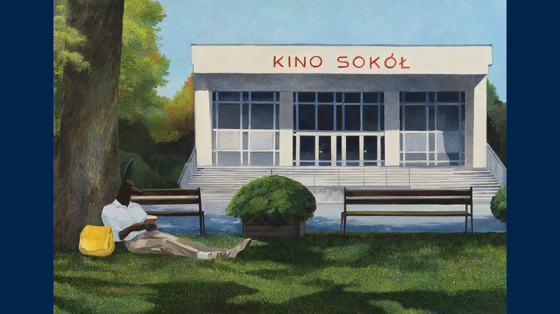 Joanna Karpowicz „Kino Sokół", 2025, 70 x 100 cm, akryl na płótnie // Dzięki uprzejmości artystki
