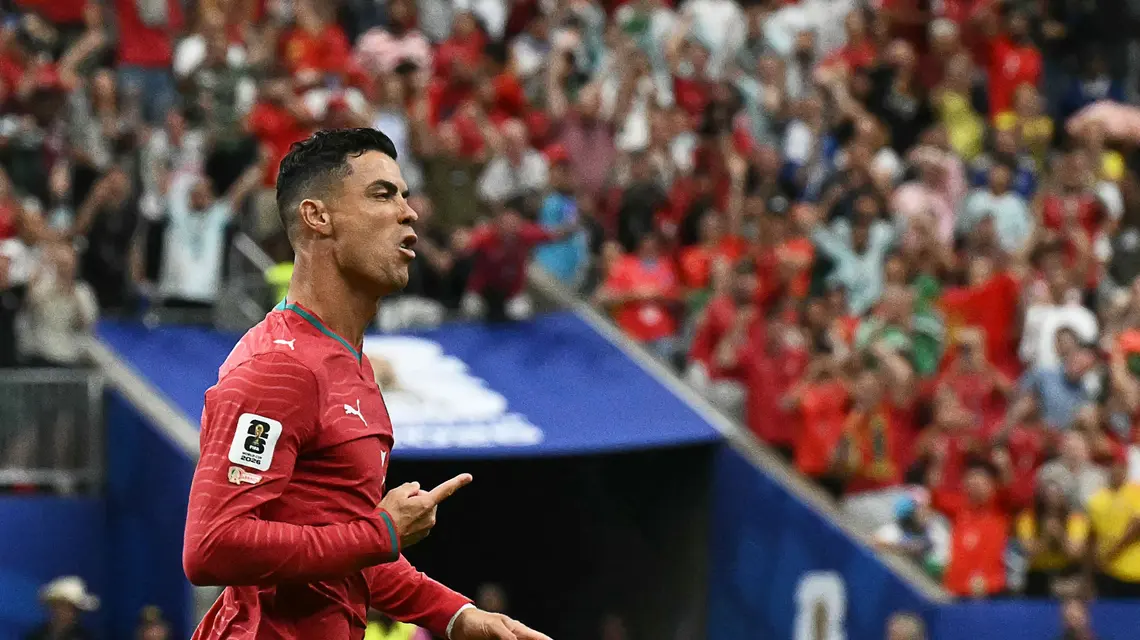 Cristiano Ronaldo po pierwszej bramce Portugalii w meczu z Uzbekistanem podczas mundialu 2026. Houston 23 czerwca 2026 r. // Fot. Ronaldo Schemidt / AFP