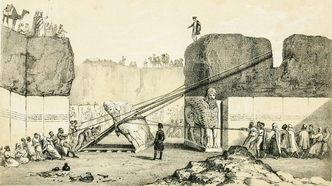 Wykopaliska Austena H. Layarda w Niniwie, przygotowania do transportu zabytków do Londynu, 1849 r. // domena publiczna