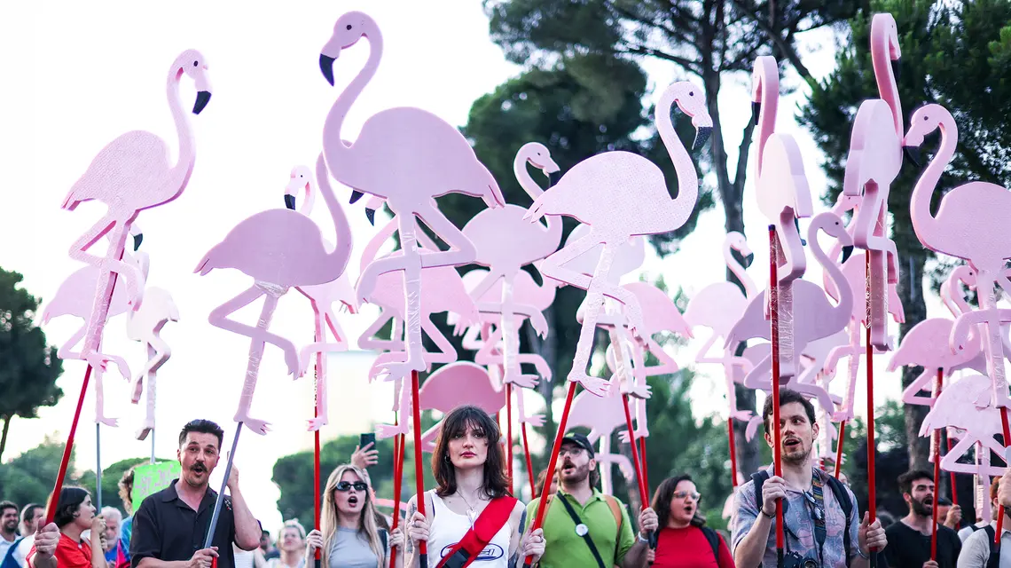 Symbolem protestów w Albanii stały się flamingi, żyjące w delcie Vjosa-Narta. Premier Edi Rama zgodził się ograniczyć status ochronny delty, aby umożliwić tam budowę luksusowego kurortu przez rodzinę prezydenta Donalda Trumpa. Tirana, 17 czerwca 2026 r. // Fot. Florion Goga / Reuters / Forum