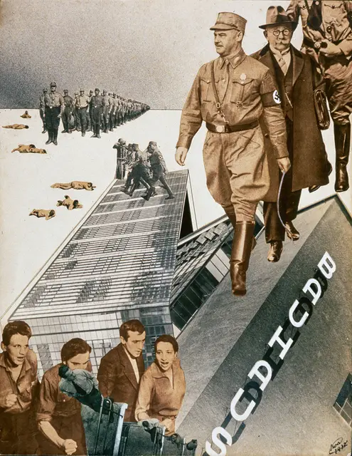 Iwao Yamawaki, "Atak na Bauhaus", kolaż opublikowany w Japonii w 1932 r., jeszcze przed zamknięciem Bauhausu. / IWAO YAMAWAKI