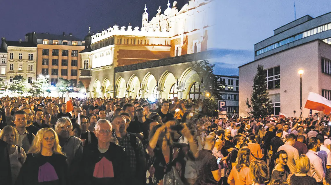 Od lewej: Kraków, Rynek Główny, 19 lipca 2017 r. Kraków, przed Sądem Okręgowym, 20 lipca 2017 r. / M. LASYK / REPORTER // JAN GRACZYŃSKI / EAST NEWS