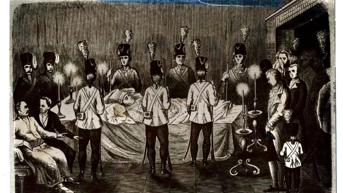 Podczas pogrzebu Jakuba Franka jego wyznawcy zaciągnęli wartę wokół katafalku z ciałem mistrza. Byli ubrani w polskie mundury ułańskie / rys. z archiwum miasta Offenbach / 