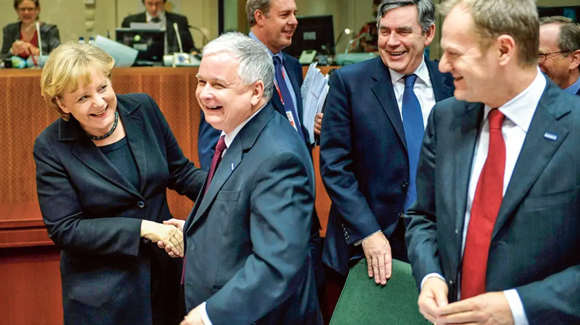 Angela Merkel, Lech Kaczyński, Gordon Brown i Donald Tusk, Bruksela, marzec 2009 r. / UPPA / PHOTOSHOT / REPORTER