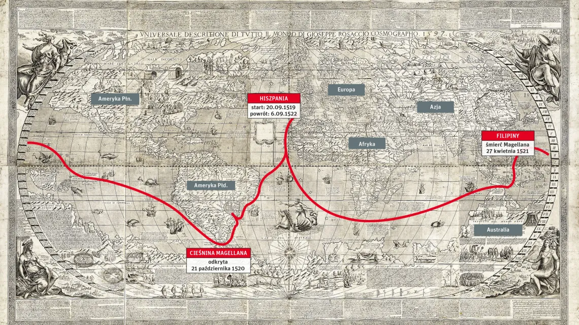Trasa wyprawy Magellana na mapie świata z 1643 r. / BIBLIOTEKA KONGRESU USA / EDWARD AUGUSTYN / / 