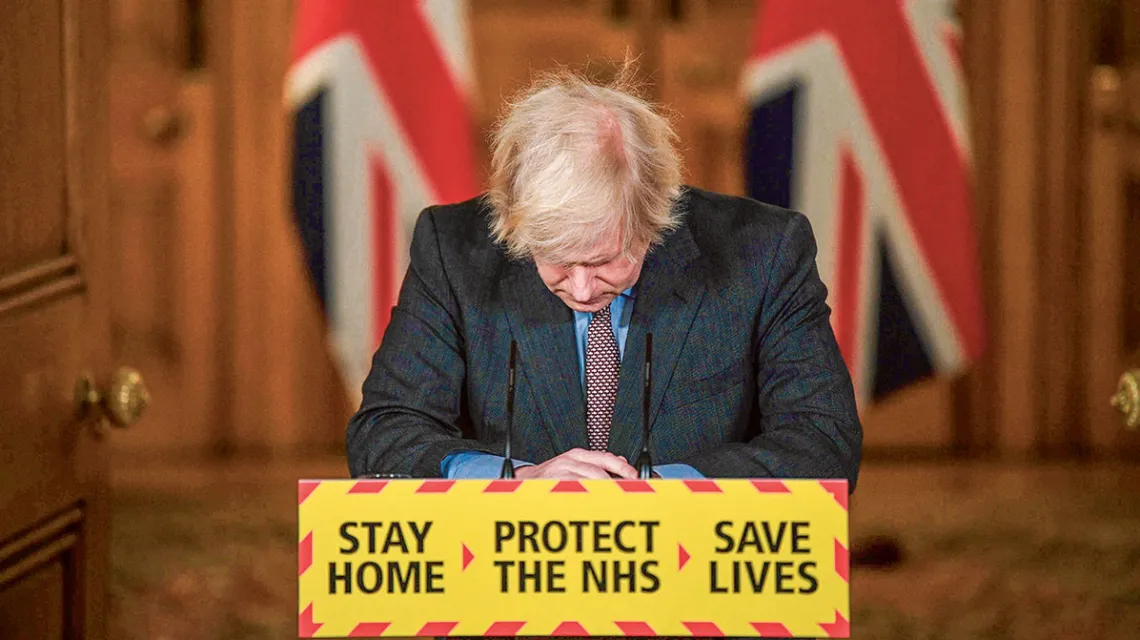 Premier Boris Johnson podczas konferencji prasowej na temat sytuacji epidemicznej. Downing Street, Londyn, 26 stycznia 2021 r. / JUSTIN TALLIS / AFP / EAST NEWS