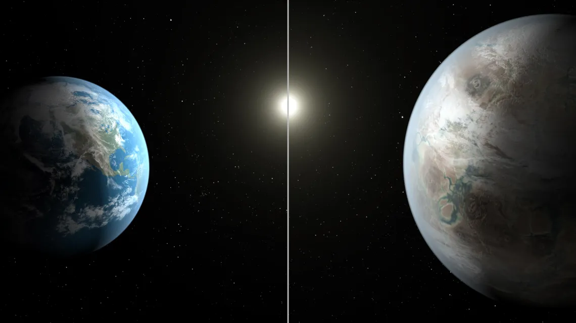 Wizja artystyczna planety Kepler-452b (z prawej) w porównaniu z Ziemią. W środku - macierzyste gwiazdy z perspektywy obu planet /  / fot. NASA/JPL-Caltech/T. Pyle