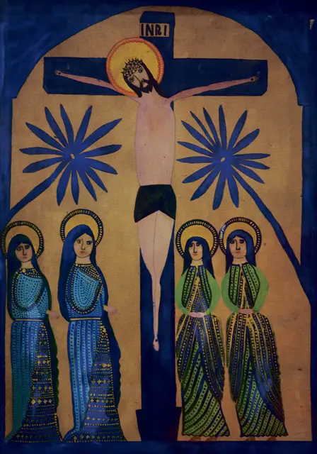 Franciszek Janeczko "Chrystus na krzyżu"; farby klejowe, tektura; Sporysz (woj. śląskie), przed 1938 r. / rep. Muzeum Etnograficzne w Krakowie / 