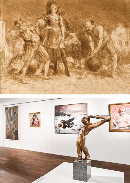 Widok wystawy „Bruno Schulz wśród artystów swoich czasów” w Państwowej Galerii Sztuki w Sopocie. Powyżej: Bruno Schulz „Scena fantastyczna” / MATERIAŁY PRASOWE / PAŃSTWOWA GALERIA SZTUKI W SOPOCIE X2