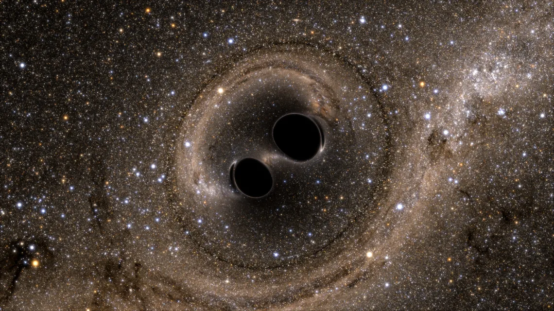 Wizualizacja zderzenia dwóch czarnych dziur, które było źródłem fali grawitacyjnej, zaobserwowanej przez Ligo 14 września 2015 r. /  / Fot. Wizualizacja: LIGO 