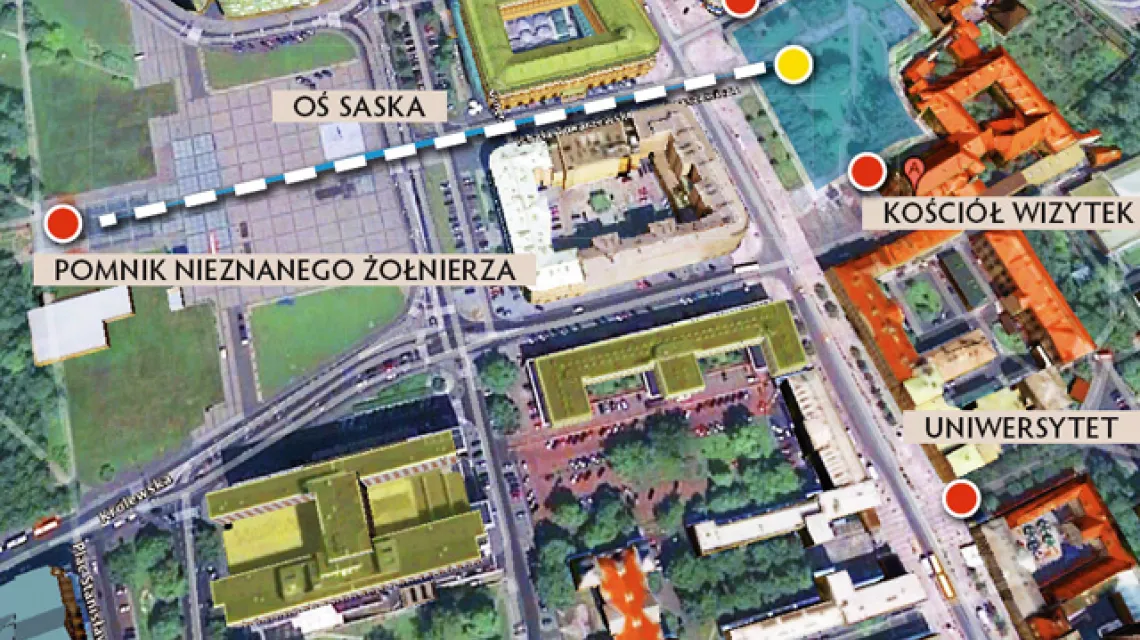 Pomnik wszystkich ofiar katastrofy prezydenckiego samolotu powinien stanąć na Krakowskim Przedmieściu, między kościołem Wizytek a hotelem Bristol. Albo przy przebudowywanym placu Na Rozdrożu, przed budowanym tam Muzeum Historii Polski / mapa: Google Earth / 