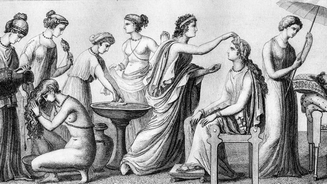 Życie w starożytnej Grecji: po lewej stronie codzienność kobiet, po prawej – rytuał pogrzebowy. Ilustracja historyczna / BILDAGENTUR / GETTY IMAGES