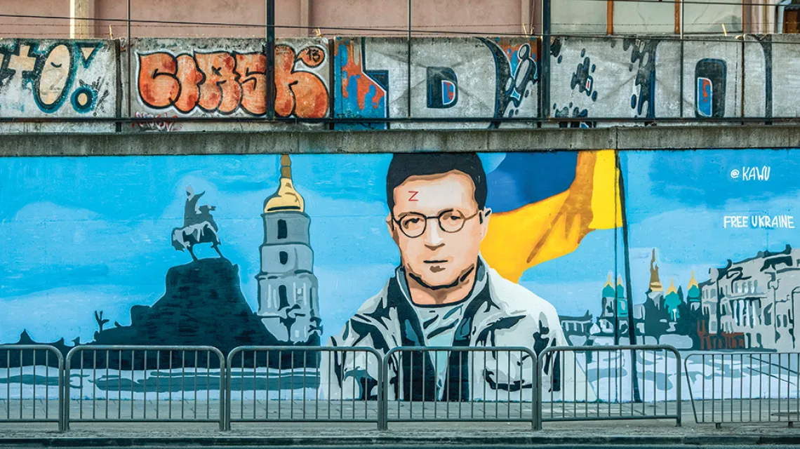 Prezydent Wołodymyr Zełenski jako Harry Potter – mural artysty o pseudonimie Kawu. Poznań, 9 marca 2022 r. / JAKUB KACZMARCZYK / PAP