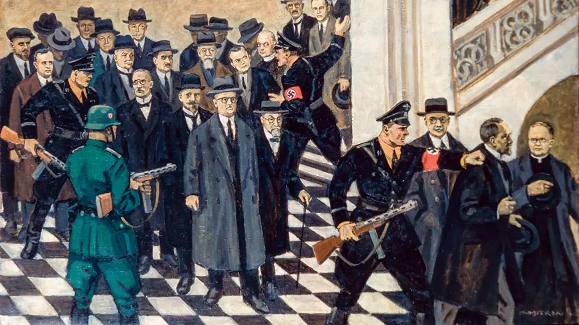 Mieczysław Wątorski „Aresztowanie profesorów UJ”, obraz z 1956 r., ze zbiorów Muzeum Uniwersytetu Jagiellońskiego / JANUSZ KOZINA / MUZEUM UJ