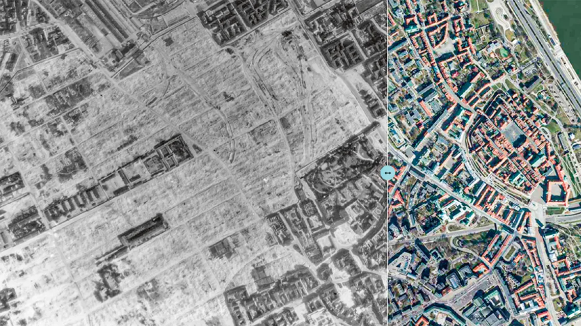 Po lewej zdjęcie lotnicze Warszawy z 27 lipca 1944 r. (widać wyburzone kwartały dawnego getta). Po prawej Warszawa z roku 2020. / STRONA INTERNETOWA ZDJECIA.KORZENIEMIASTA.PL