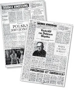 Z prawej: pierwsza strona ostatniego wydania "TP" przed ogłoszeniem stanu wojennego; z lewej: pierrwsza strona wznowionego "TP", maj 1982 r. / 