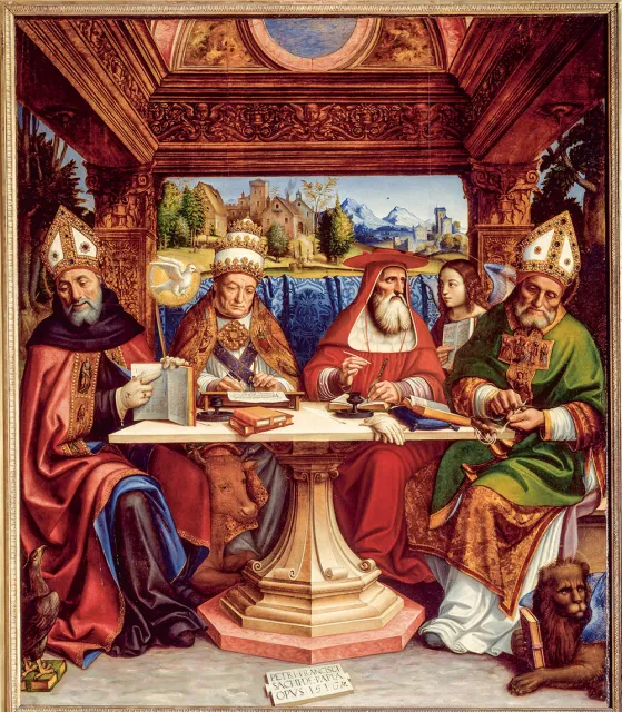 Święci Augustyn, Grzegorz Wielki, Hieronim i Ambroży.  Pier Francesco Sacchi, Czterej doktorzy Kościoła, 1516 r., Luwr. / JOSSE / LEEMAGE / AFP / EAST NEWS