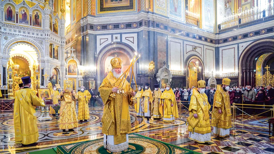 Patriarcha Cyryl podczas nabożeństwa  w soborze Chrystusa Zbawiciela  nazwał siły sprzeciwiające się Rosji „diabelskimi”. Moskwa, 27 lutego 2022 r. / IGOR PALKIN / AFP / EAST NEWS