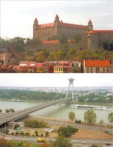 Zamek na wzgórzu nad Dunajem i widok na socjalistyczne osiedla na drugim brzegu (fot. KNA-Bild) / 