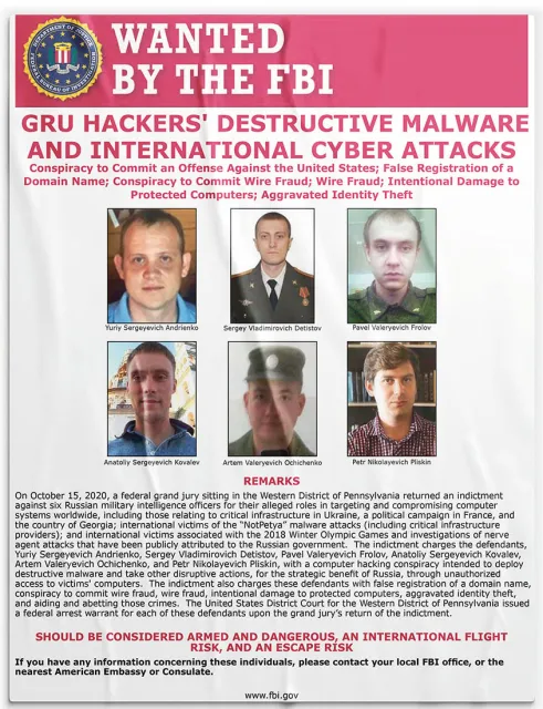 Komunikat Departamentu Sprawiedliwości o ściganiu grupy rosyjskich hakerów,październik 2020 r. / FBI