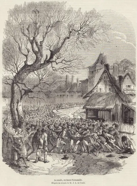 Gra La soule (choule) w Normandii, grafika z gazety L'Illustration, wydanie z 28 lutego 1852 r. / / Wikimedia