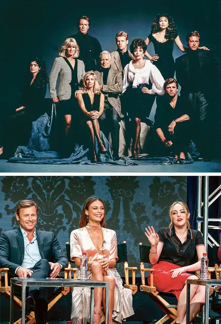 Na górze: oni grali w „Dynastii” 1981–1991. Poniżej: „Dynastia” A.D. 2017 – Grant Show (Blake Carrington), Nathalie Kelley (Cristal Flores), Elizabeth Gillies (Fallon Carrington) w Beverly Hills, Los Angeles, sierpień 2017 r. / EAST NEWS