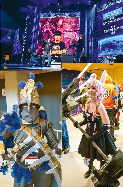 Finał rozgrywek „Starcrafta”; poniżej cosplayerka „Poozioomka” w stroju Kruczycy z gry „Fortnite”, obok jej koleżanka. Katowice, 3 marca 2019 r. / MAREK RABIJ X3