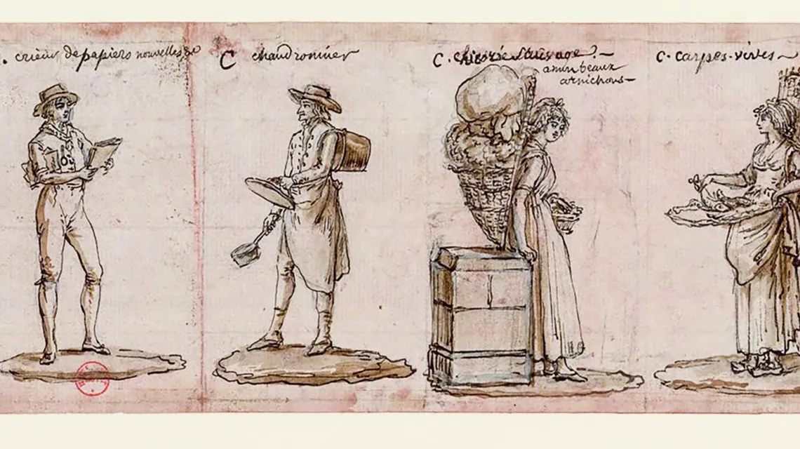 Claude-Louis Desrais, Paryscy uliczni sprzedawcy (przeł. XVIII/XIX w.). Od lewej – kapelusze, obuwie, gazety, garnki, warzywa, żywe karpie. / GALLICA.NET