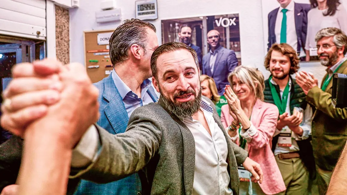 Lider Vox, Santiago Abascal, świętuje  dobry wynik swojej partii w wyborach  do Parlamentu Europejskiego.  Madryt, 26 maja 2019 r. / FORUM