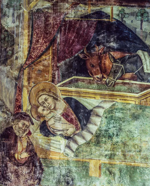 Żłóbek, fragment XV-wiecznego fresku w bazylice św. Franciszka, Amatrice, Włochy / DEAGOSTINI / GETTY IMAGES