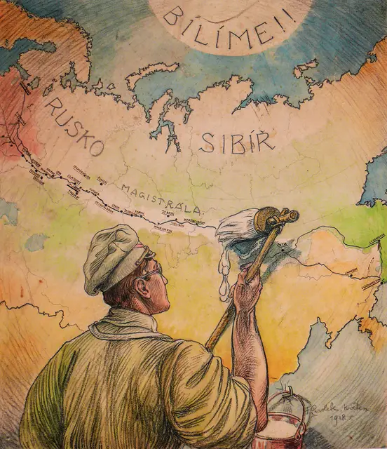 Plakat Františka Parolka z maja 1918 r. „Bílíme!!” („Wybielamy!”), wzywający czecho­słowackie legiony do usunięcia „czerwonych” z trasy kolei transsyberyjskiej. / FRANTIŠEK PAROLEK / WIKIPEDIA.ORG