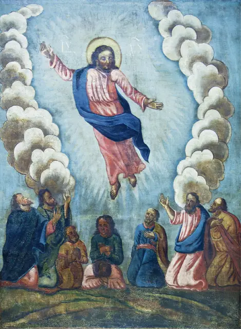 Wniebowstąpienie Pańskie. Obraz z chorągwi cerkiewnej. Złoczów (obecnie Ukraina), XIX w. Malarz nieznany. / repr. dzięki uprzejmości Muzeum Etnograficznego im. Seweryna Udzieli w Krakowie / 