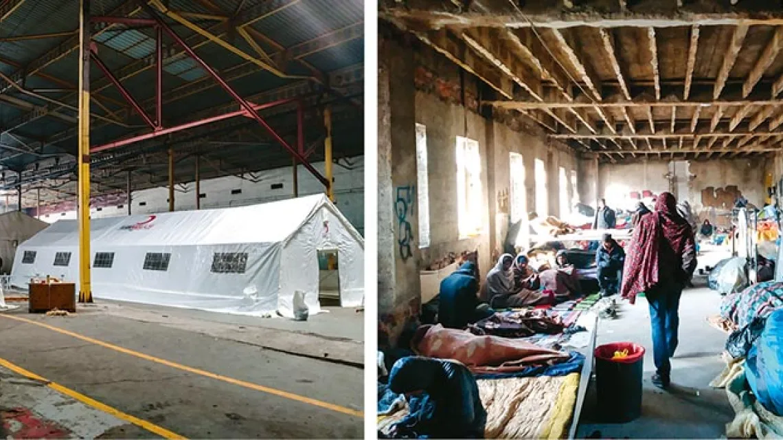 Po lewej: obóz w Bira na terenie dawnej fabryki lodówek. Z prawej: obóz Borici w dawnym akademiku. Bihać, grudzień 2018 r. / DARIUSZ KAŁAN