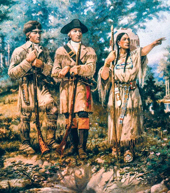 Sacagawea z plemienia Szoszonów, przewodniczka Meriwethera Lewisa i Williama Clarka, w Three Forks, Missouri, 1805 r. / EDGAR SAMUEL PAXSON / DOMENA PUBLICZNA