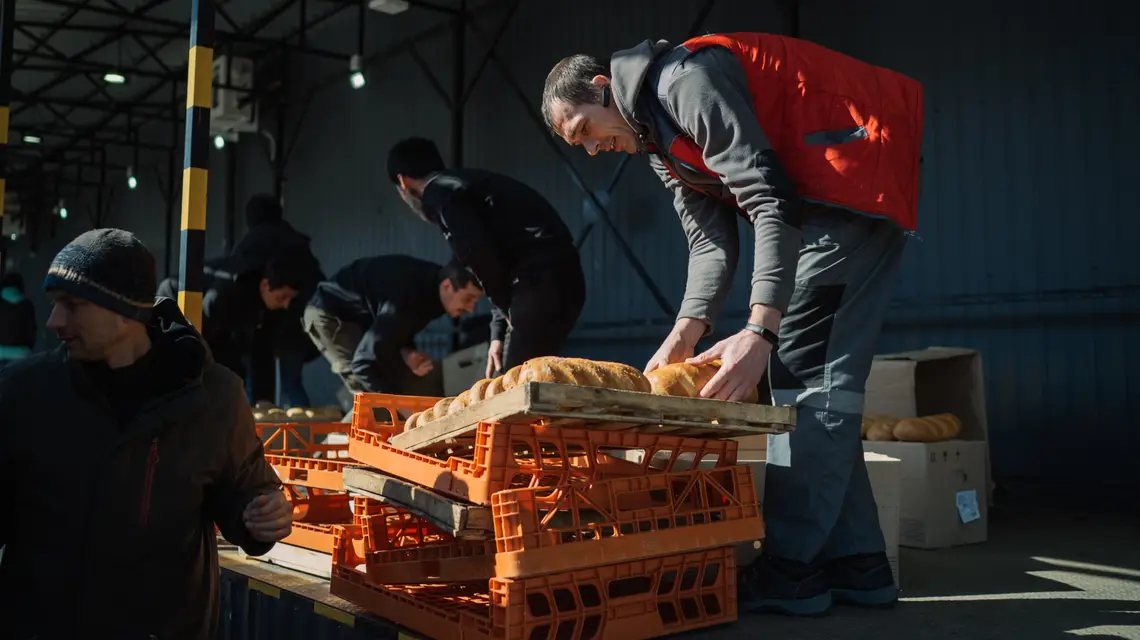 Mychajło przekłada chleb do plastikowych skrzynek. Fot. Paweł Pieniążek / 
