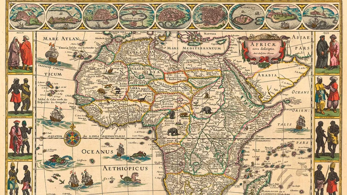 MAPA „NOWE OPISANIE AFRYKI” Willema Janszoona (1571–1638), wielokrotnie przedrukowywana z oryginalnej miedzianej płyty i ręcznie kolorowana w latach 1630–1667 w wielojęzycznych atlasach Blaeu. Reprodukowana odbitka pochodzi z łacińskiej edycji z 1644 r. / / PRINCETON LIBRARY / DOMENA PUBLICZNA